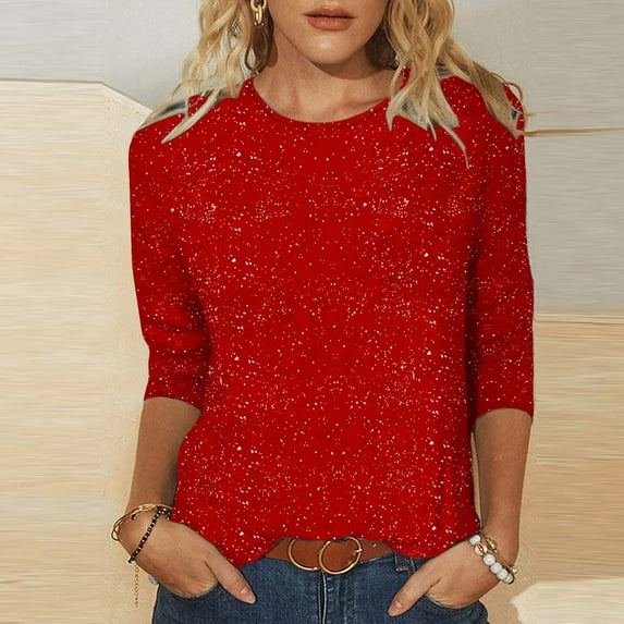 Fall Saving!QUINDOS Women's T Shirts 3/4 Sleeve Ladies Tops Solid Red Loose Fit Crew Neck Casual Sequin Tops