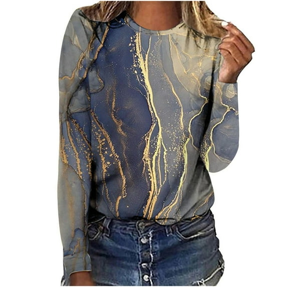 Fall Saving QUINDOS Women's T Shirts Long Sleeve Womens Tops Plus Size Tie Dye Classic Fit Casual Khaki Crew Neck Tops