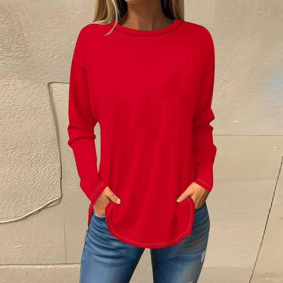 Fall Saving QUINDOS Womens T Shirts Tunic Long Sleeve Ladies Tops Casual Red Loose Solid Crew Neck Tops