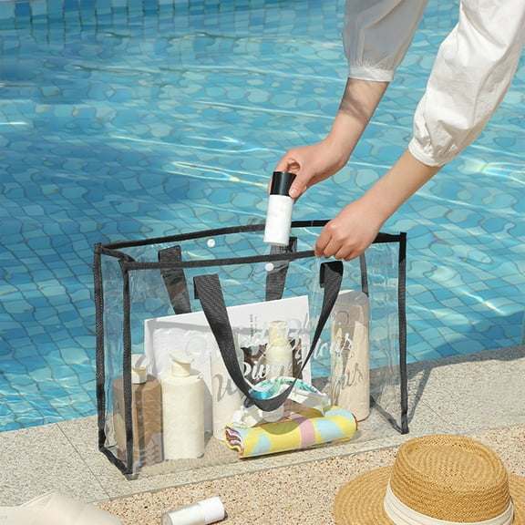 Fall Saving! Tuobarr Beach Bag, Large Clear Plastic Capacity Swimming Tote Bag, Thickened Pvc Wash Bag for Stadium, Outdoor, Beach, Pool Black