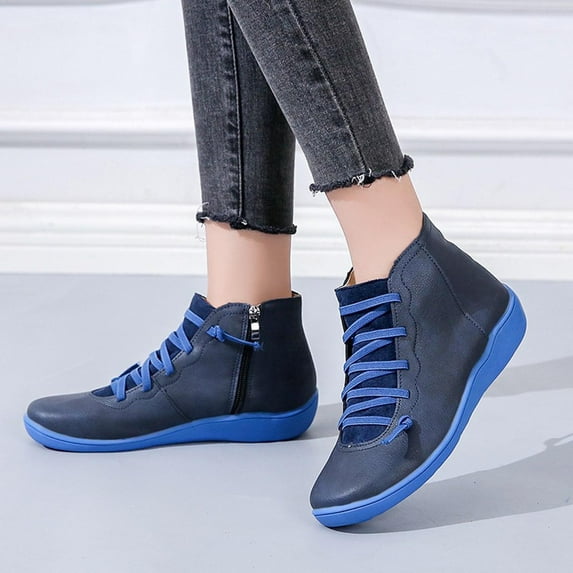 Fall Saving! Tuobarr Boots for Women Ankle Booties, Women's Casual Flat Retro Lace-Up Boots Side Zipper Round Toe Shoe Boots, Blue US Size 9.5