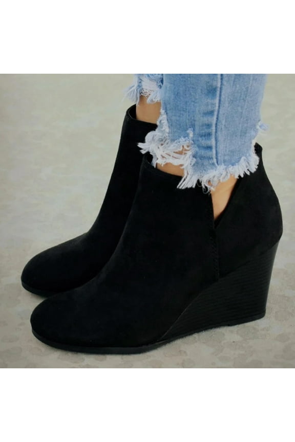 Fall Saving! Tuobarr Boots for Women Heels, Fashion Women Suede Wedges Zipper Solid Color Short Booties Round Toe Shoes, Black US Size 9.5-10