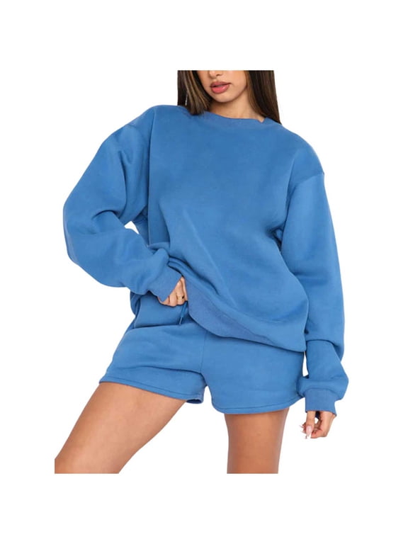 Fall Saving! Itsun Two Piece Sets for Women, Women's Round Neck Pullover Long Sleeve Sweater Loose Women's Fashion Casual Shorts Set Blue M
