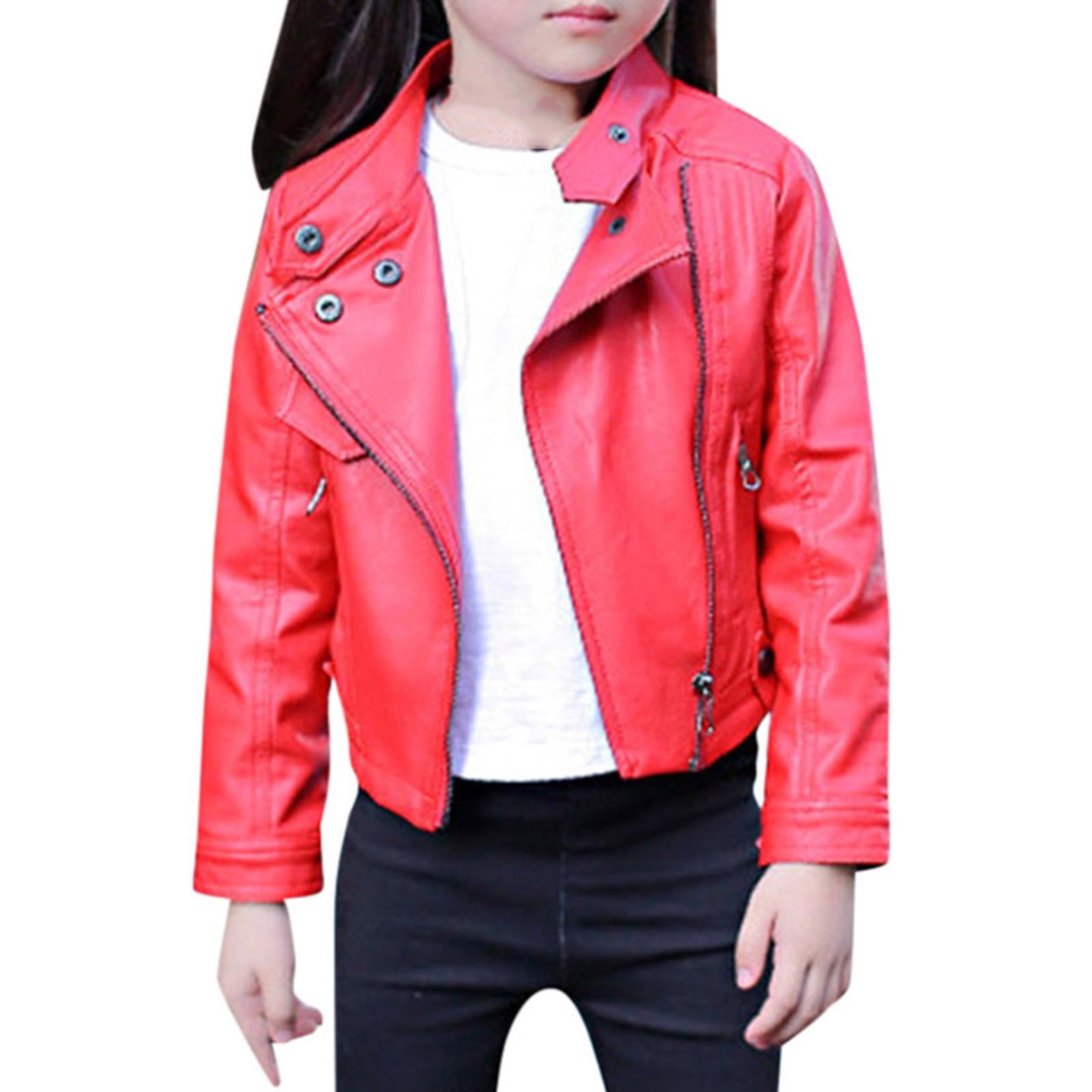 Kid Girls Casual Style PU Leather Jacket Zip Up Long Sleeve