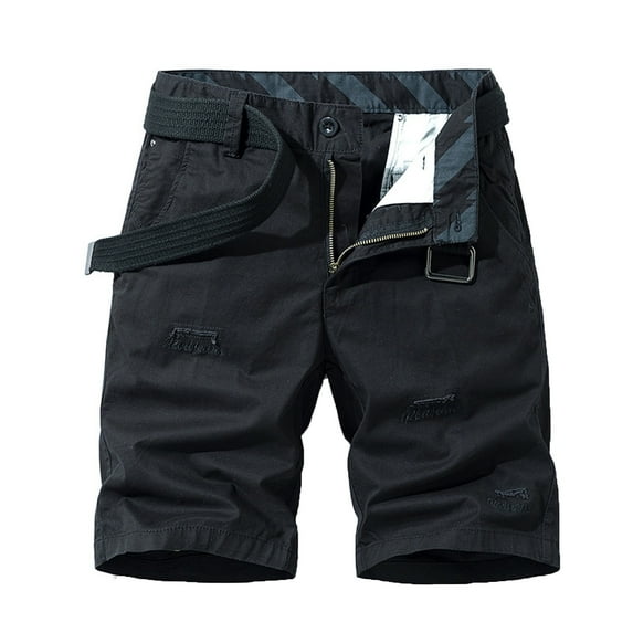 HOOMEUMY Men's Summer Straight Shorts Belt Solid Color Multi-Pocket Bermuda Beachwear Belted Bermuda Cargo Shorts for Men Black 8