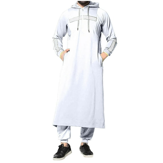 Fall Fashion Olyvenn Men's Long Sleeve Hooded Kaftan Thobe Muslim Abaya Jubba Islam Clothing White 6