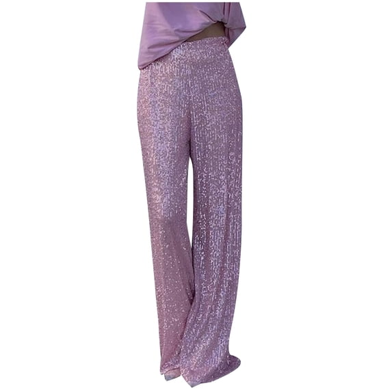 Fall Savings 2024 UTSJKR Women Sequin Pants Wide Leg High Waist Glitter Palazzo Flare Trousers Sparkly Evening Party Clubwear Pants Pink 6