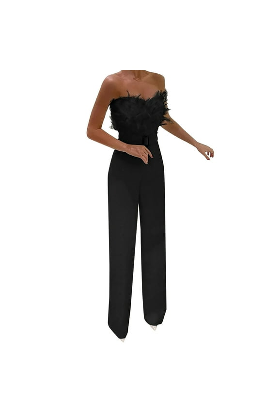 Fall 2024 UTSJKR Women's Jumpsuit Feather Trim Off Shoulder Wide Leg Long Party Romper Elegant Evening Jumpsuits with Belt Black 4