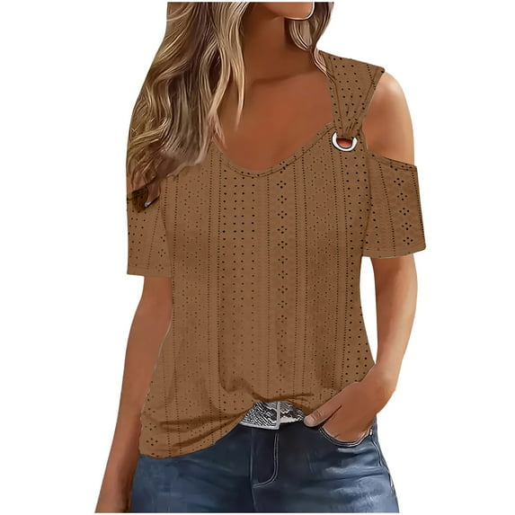 Akafmk Plus Size Womens Tops,Blouses for Women Summer Tops,Short Sleeve Tops Solid Color Loose Fitting Round Neck Cold Shoulder Blouses Tunic Tops