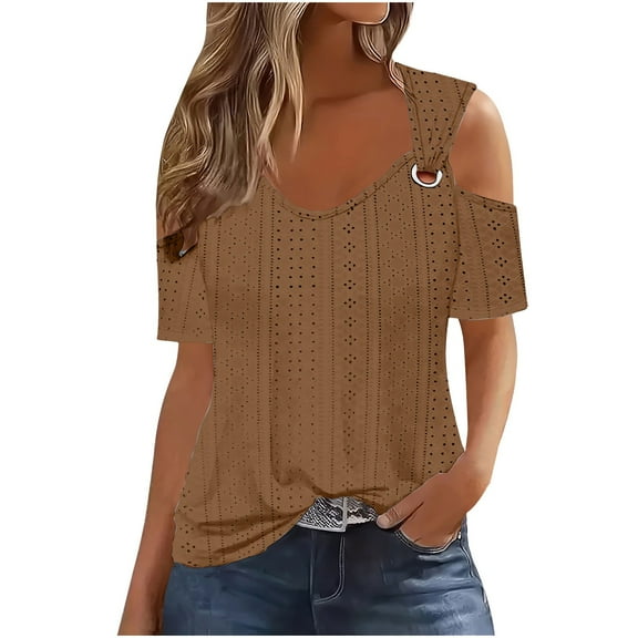 Akafmk Plus Size Womens Tops,Blouses for Women Summer Tops,Short Sleeve Tops Solid Color Loose Fitting Round Neck Cold Shoulder Blouses Tunic Tops