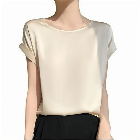 Akafmk Plus Size Womens Tops,Blouses for Women Summer Tops,Short Sleeve Tops Solid Color Loose Fitting Round Neck Silk Satin Blouses Tunic Tops