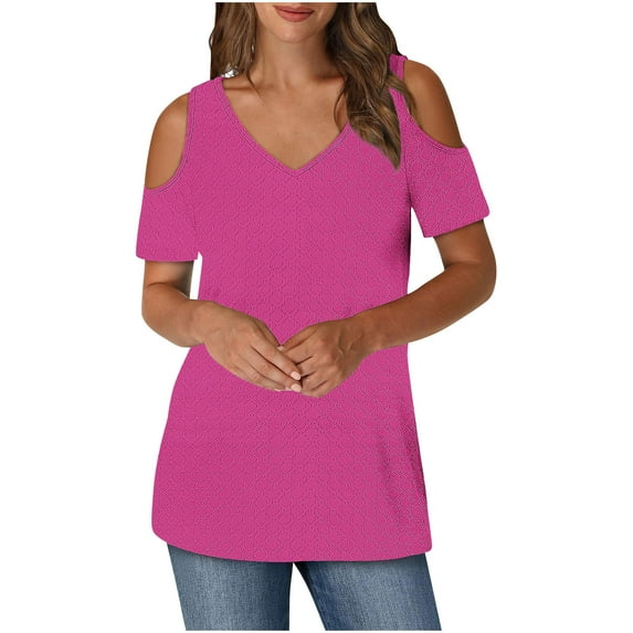 Akafmk Plus Size Womens Tops,Blouses for Women Summer Tops,Short Sleeve Tops Solid Color Loose Fitting V-neck Cold Shoulder Blouses Tunic Tops