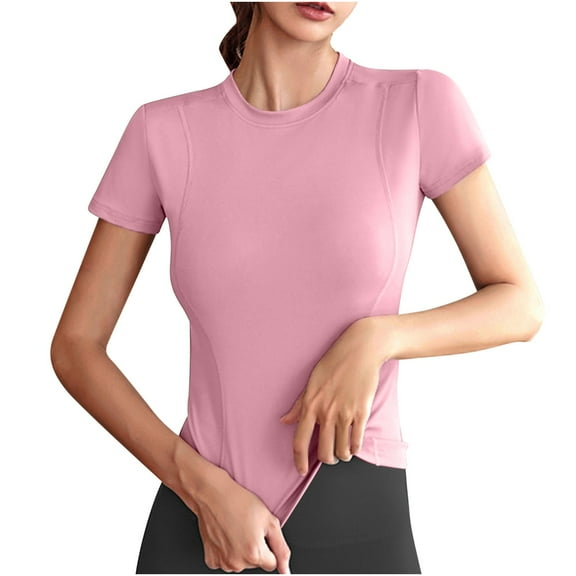 Akafmk Plus Size Womens Workout Tops,Athletic Tees Shirts,Short Sleeve Tops Solid Color Slim Fitting Round Neck Casual Gym Running Tops