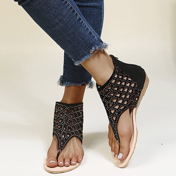 Azrian Crystal-Embellished Strappy Sandals for Casual Wear - Women's Summer Rhinestone Hollow Zipper Beach Open Toe Breathable Sandals Shoes