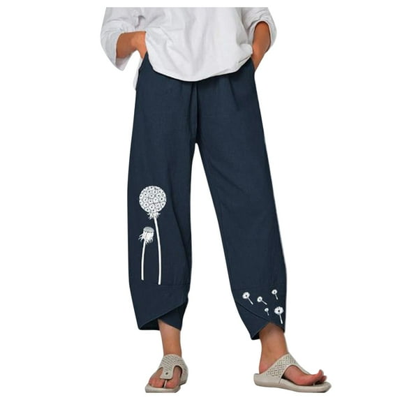 Fall for Savings ! BVnarty Casual Pants for Women Fashion Fall Winter Long Trousers Flower Graphic Comfy Lounge Casual Loose Mid Waist Irregular Legs Pocket Dark Blue XL