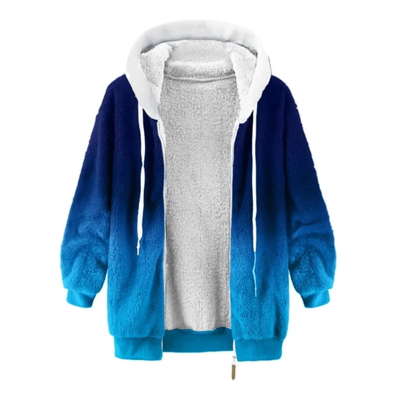 BVnarty Women's Top Plush Open Front Loose Outerwear Plus Size Shacket Jacket Casual Winter Fashion Top Gradient Color Drawstring Hooded Lightweight Long Sleeve for Mujer Blue XXL