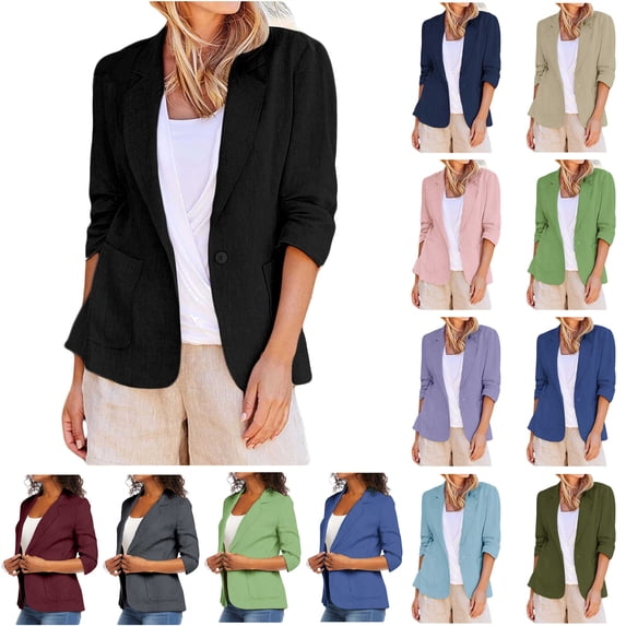 BiZtdJrK Cotton Linen Open Front Single Button Blazers for Women 3/4 Sleeve Casual Lapel Suit Jacket Solid Cardigan Business Outfit Black XL