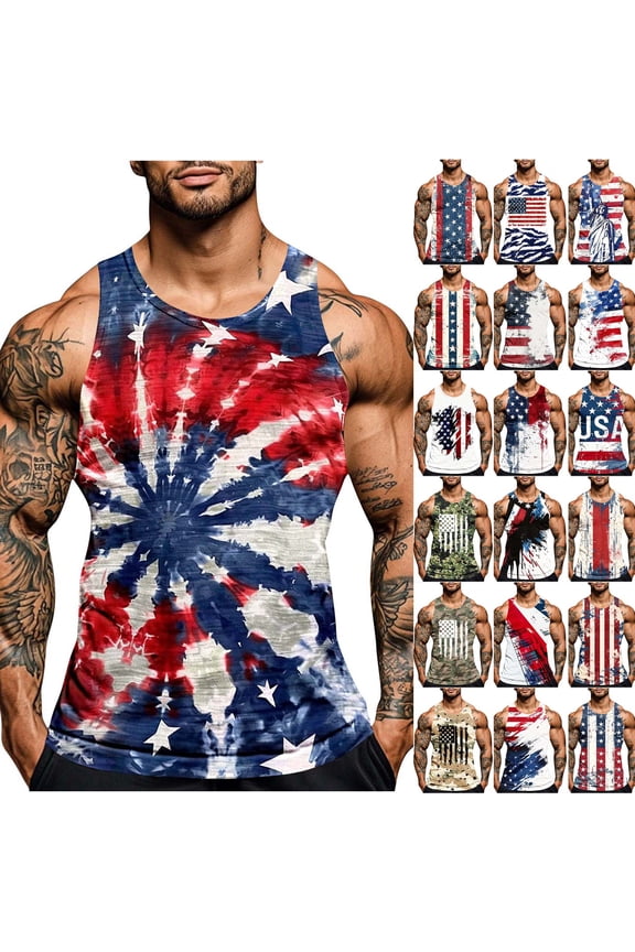 BiZtdJrK Men's American Flags Patriotic Shirts Summer Round Neck Sleeveless Tank Tops Casual Comfy Breathable Tanks White L