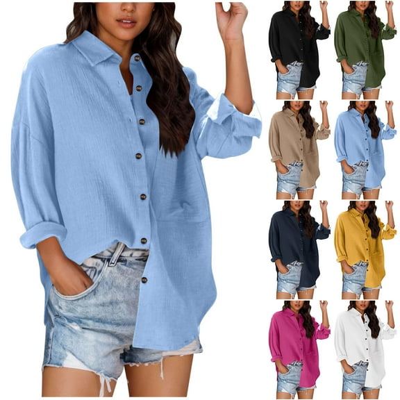 BiZtdJrK Womens Button Down Shirts Solid Color Casual Long Sleeve Blouses Fall Collared Dress Tops with Pockets Navy XL