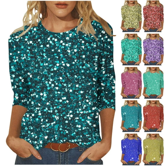 BiZtdJrK Womens Summer Dressy Casual Shirts Fashion Sparkly Sequin Print 3/4 Sleeve Shirt Loose Crewneck Pullover Blouse Mint Green M