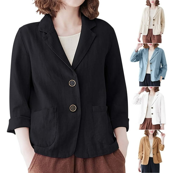 Fall Savings! Bxsruta Jackets for Women, Women's Casual 3/4 Sleeve Flip Collar Small Suit Linen Short Cardigan Jacket Top, Beige XL