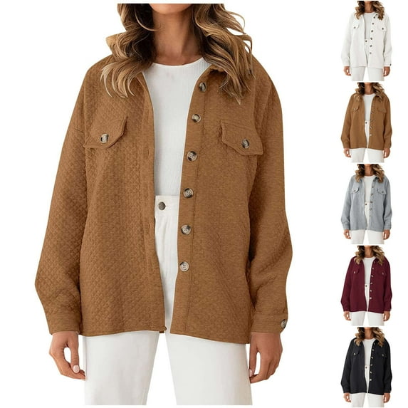 Bxsruta Jackets for Women, Women's Fashion Solid Diamond Pocket Lightweight Casual Jacket Coat, Brown 2XL