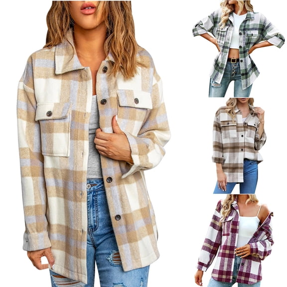 Bxsruta Jackets for Women, Women's Flannel Plaid Shacket Long Sleeve ButtonShirts Jacket Coats with Side Pockets, Yellow S