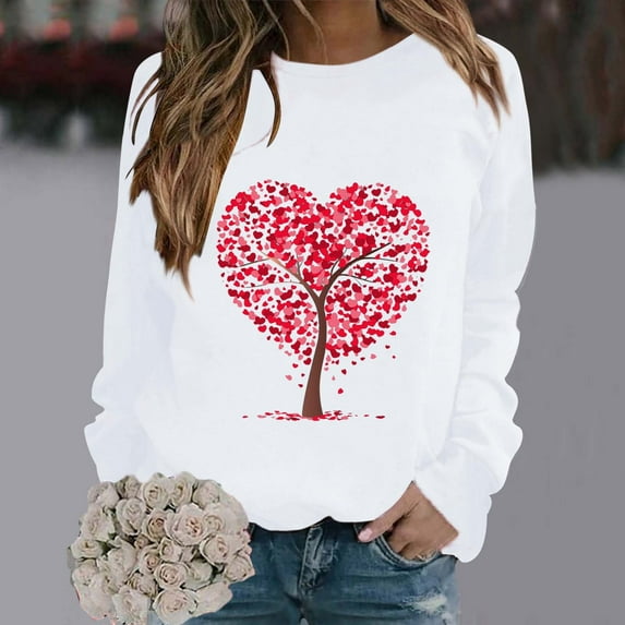 Fall Savings Clearacne Graphic Sweatshirts for Women Women's Fashionable Round Neck Casual Valentine's Day Love Tree Print Long Sleeve Top Sweatshirt