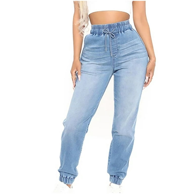 Fall Savings Clearance 2023! Womens Cinch Bottom Jeans Casual Solid High  Waisted Elastic Drawstring Harem Pants Stretch Loose Fit Pull on Denim Jeans
