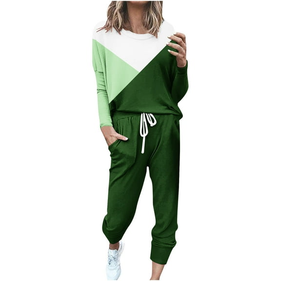Aofany Two Piece Outfits for Women Loose Two-piece Sets Colorblock Long Sleeve Tops Casual Pants Sweatsuit Lounge Workout Sets for Women
