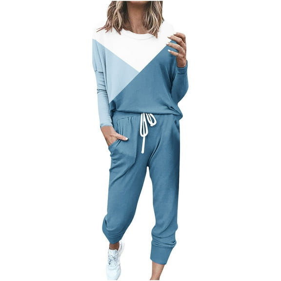 Aofany Two Piece Outfits for Women Loose Two-piece Sets Colorblock Long Sleeve Tops Casual Pants Sweatsuit Lounge Workout Sets for Women