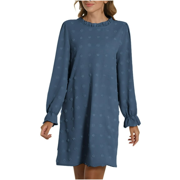 abtuhar Casual Dresses for Women,Women Casual Fashion Solid Bubble Embroidered Furball Loose Long Sleeve Round Neck Dress,Navy