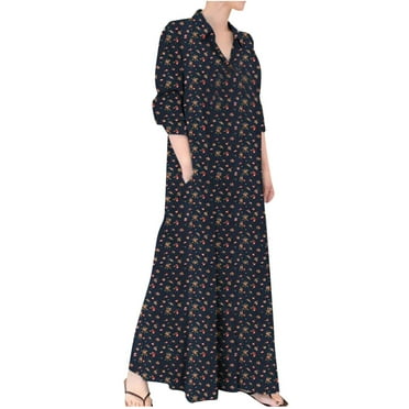 Fall Savings Clearance 2024! abtuhar Maxi Dresses for Women,Casual V Neck Loose Printed Long Sleeve Ankle Dress Plus Size Dresses,Blue