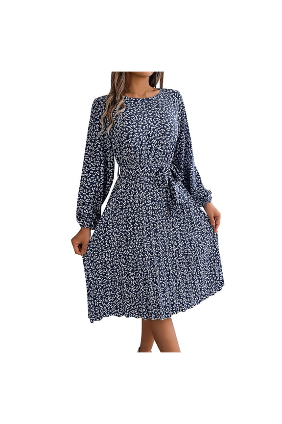 Womens Summer Dresses,Women's Fall New Casual Long Sleeve Floral Hem Pleated Skirt Plus Size Dresses,Dark Blue