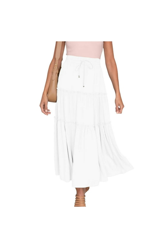 Skirts for Women,Boho Long Skirt Summer Skirt for Teen Girls Womens Elastic High Waist Pleated A-Line Flowy Swing Asymmetric Tiered Maxi Long Skirt Dress White