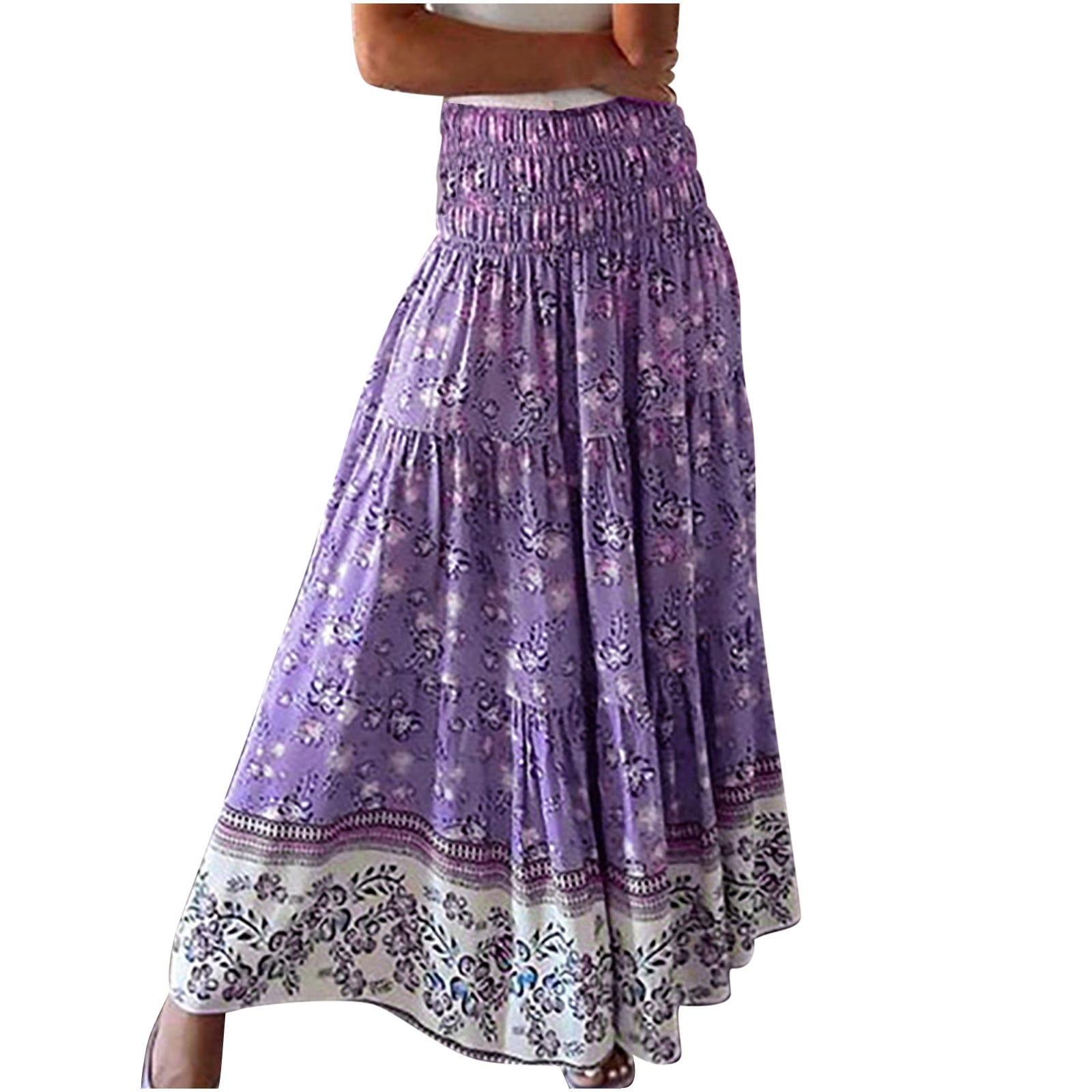 Fall Savings High Flowy Women,Boho for Summer Purple Clearance! Swing Long AKAFMK Elastic Dress Maxi Skirt A-Line Teen Skirt Girls Pleated Waist Long for Womens Asymmetric Tiered Skirts Skirt