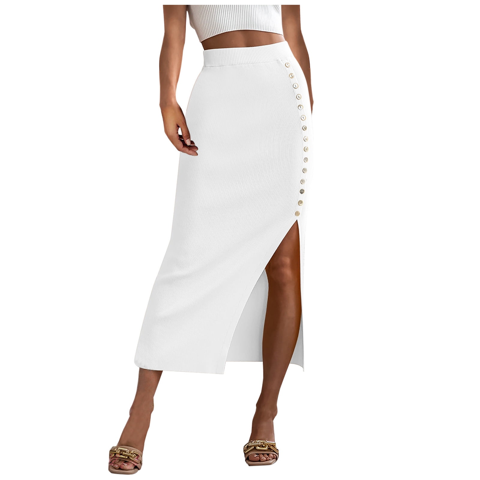 Fall Savings Clearance AKAFMK Skirts for Women Women s Button Decor Split Belted Smocked Vintage Short Pencil Skirt White