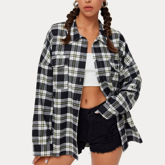 Fall Savings Clearance,AXXD Casual Loose Plaid Long Sleeve Button Cardigan Sweaters for Women Clearance Gray Size 6