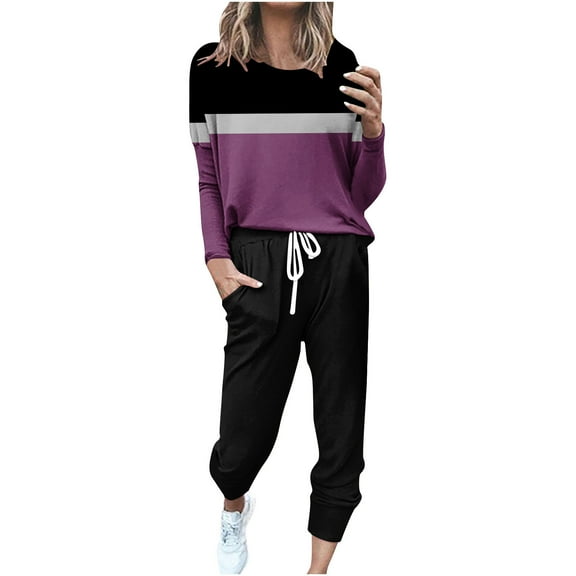 Aofany Two Piece Outfits for Women Loose Two-piece Sets Colorblock Long Sleeve Tops Casual Pants Sweatsuit Lounge Workout Sets for Women