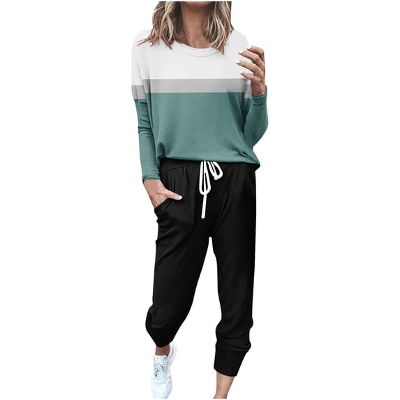 Aofany Two Piece Outfits for Women Loose Two-piece Sets Colorblock Long Sleeve Tops Casual Pants Sweatsuit Lounge Workout Sets for Women