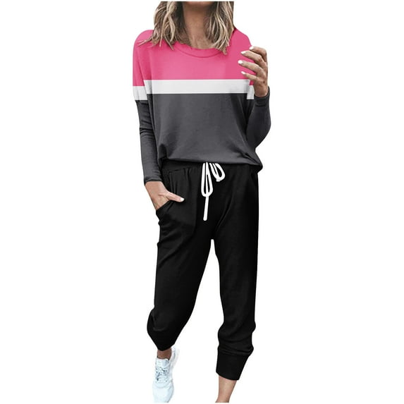 Aofany Two Piece Outfits for Women Loose Two-piece Sets Colorblock Long Sleeve Tops Casual Pants Sweatsuit Lounge Workout Sets for Women