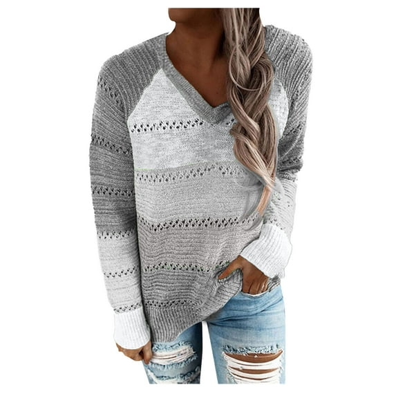 gakvov Plus Size Sweaters For Women Fall Clothes Color Block Bohoknit Oversized Sweatshirt Loose Long Sleeve V Neck Drawstring Boho Pullover Tops