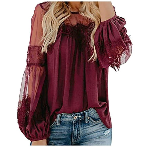 Fall !gakvbuo Women Fashion Lace Patchwork Long Sleeve Blouse Casual Loose Tops T-Shirt