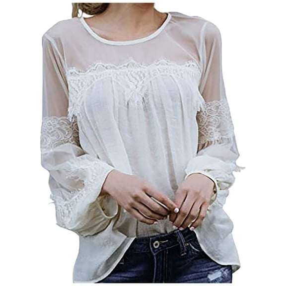 Fall !gakvbuo Women Fashion Lace Patchwork Long Sleeve Blouse Casual Loose Tops T-Shirt
