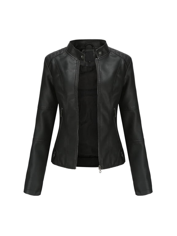 Jacket for Women Solid Color Leather Zipper Slim Fit Fall Fashion Stand Neck Long Sleeve Shacket Jacket Comfy Lounge Casual Black S