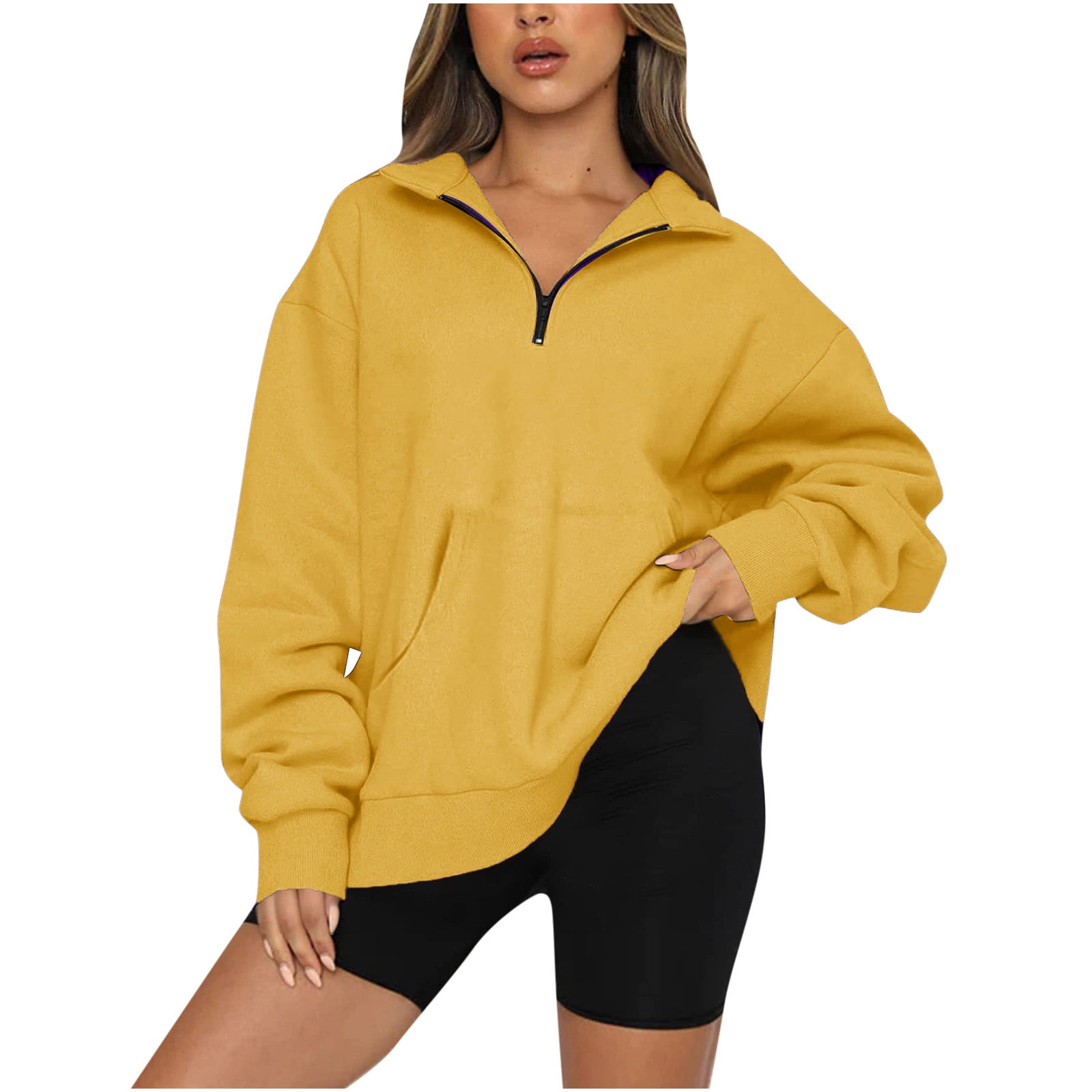 Fall Savings Clearance Deals ! BVnarty Sweatshirt for Women Long Sleeve  Comfy Lounge Casual Fall Fashion Zipper Lapel Shacket Jacket Solid Color  Plush Winter Warm Yellow XL 