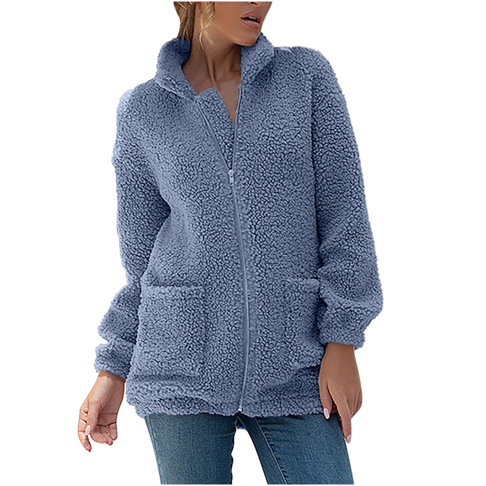Fall Savings Clearance Deals ! BVnarty Women's Top Plush Zipeer Coat Pocket  Lightweight Solid Color Lapel Long Sleeve Winter Fashion Top Shacket Jacket  Casual Plus Size for Mujer Light Blue XXXL 