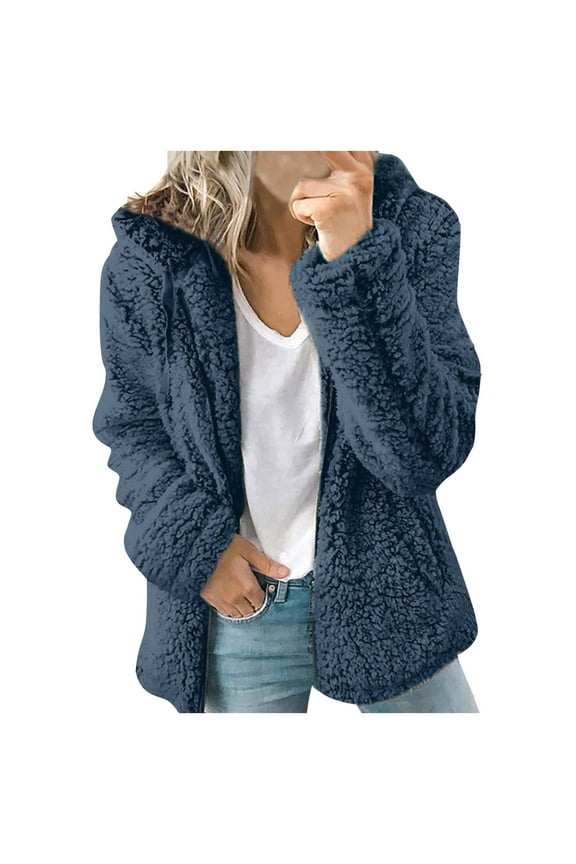 Womens Winter Coat Zipper Plush Outwear Shacket Jacket Casual Drawstring Hooded Lightweight Plus Size Solid Color Long Sleeve Sueras Mujer Blue XXXXXL