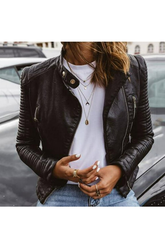 Women Cool Faux Leather Jackets Long Sleeve Zipper Fitted Coat Fall Short Jacket