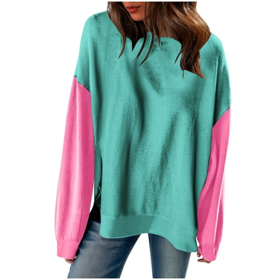 Women's Color Block Oversized Sweatshirt Crewneck Long Sleeve Drop Shoulder Shirts Casual Loose Pullover Tunic Tops